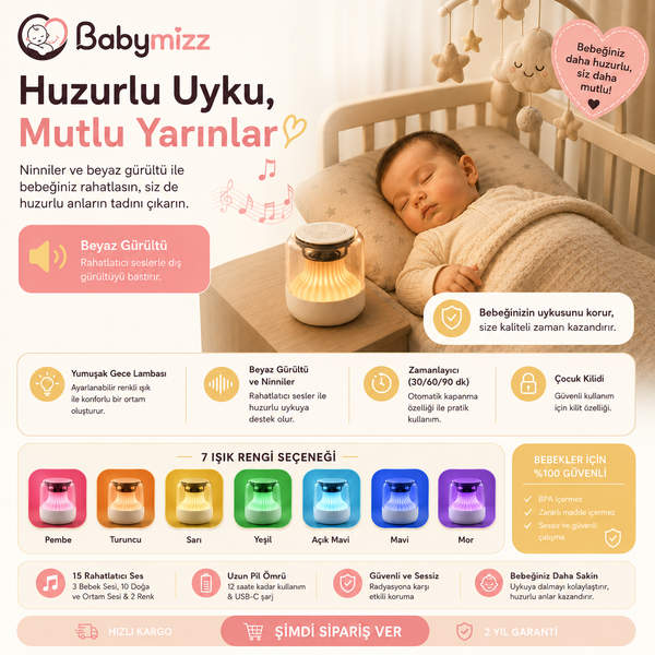 Babymizz Beyaz Gürültü Makinesi | Pışpışlı Ninnili | Radyasyon İçermeyen Uyku Arkadaşı
