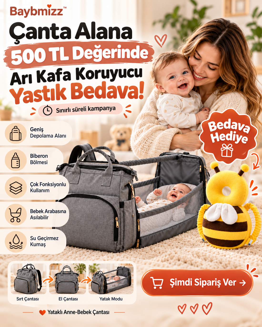 Baybmizz™ Yataklı Anne-Bebek Çantası + Arı Kafa Koruyucu Yastık | Kampanya Paketi